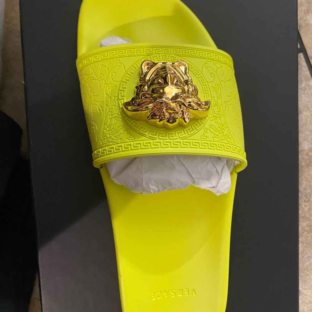 Versace Neon Yellow Slides with Gold Medusa